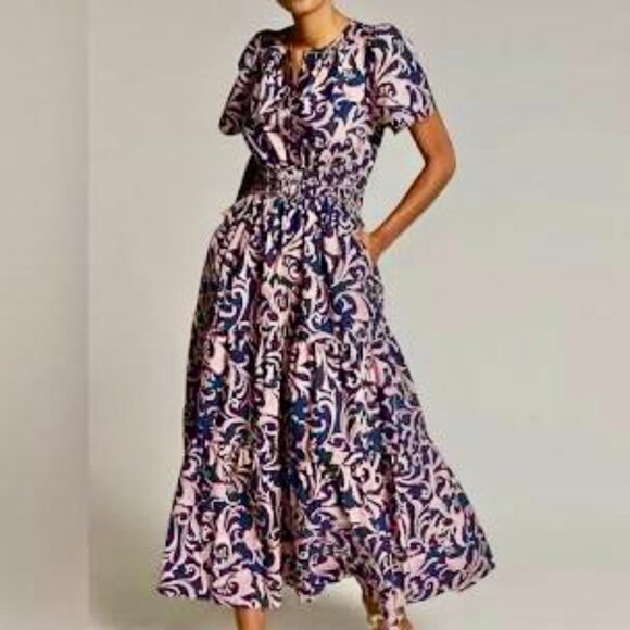Anthropologie Dresses & Skirts - by Anthropologie Somerset Maxi Dress Navy Purple Print Short Sleeve Flutter M